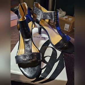 EUC WOMEN'S NINE WEST BESTBYFARO BLACK LEATHER STRAPPY SANDAL SZ 10